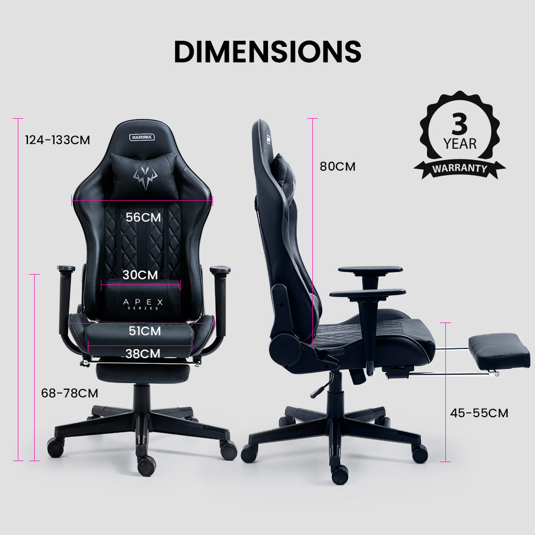 OVERDRIVE Apex Series Reclining Gaming Ergonomic Office Chair with Footrest, Black - Cosy Abode