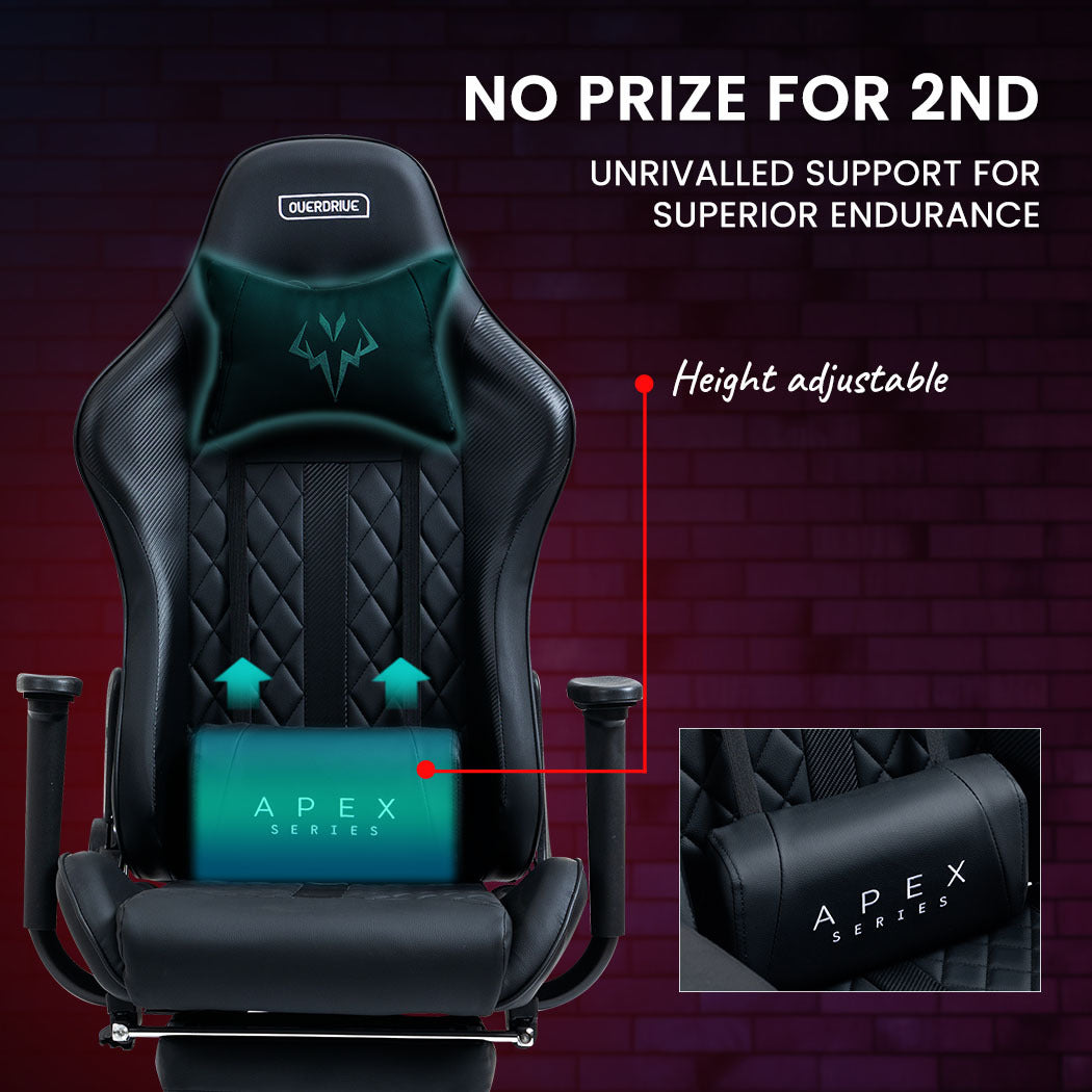 OVERDRIVE Apex Series Reclining Gaming Ergonomic Office Chair with Footrest, Black - Cosy Abode