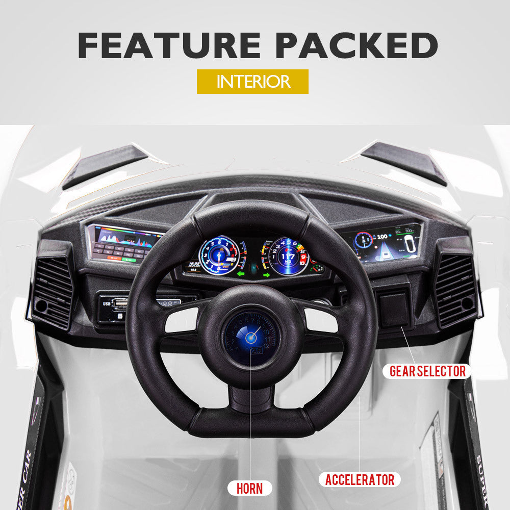 ROVO KIDS Lamborghini Inspired Ride-On Car, Remote Control, Battery Charger, White - Cosy Abode