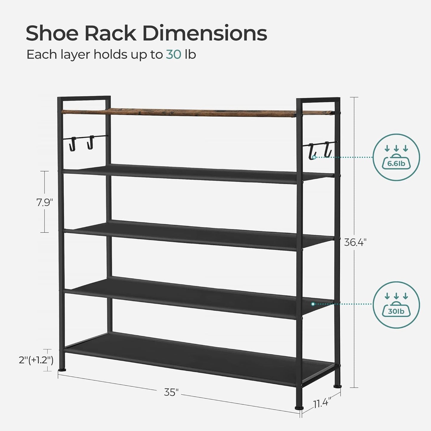 SONGMICS 5 Tier Shoe Rack Storage Organizer for 20-25 Pairs with 4 Hooks Rustic Brown LMR035B01 - Cosy Abode