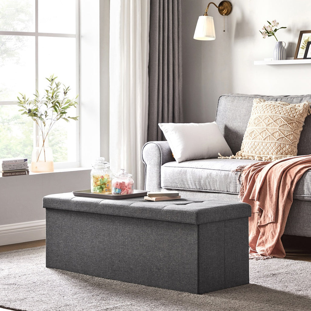 SONGMICS 110cm Folding Storage Ottoman Bench Foot Rest Stool Dark Gray - Cosy Abode