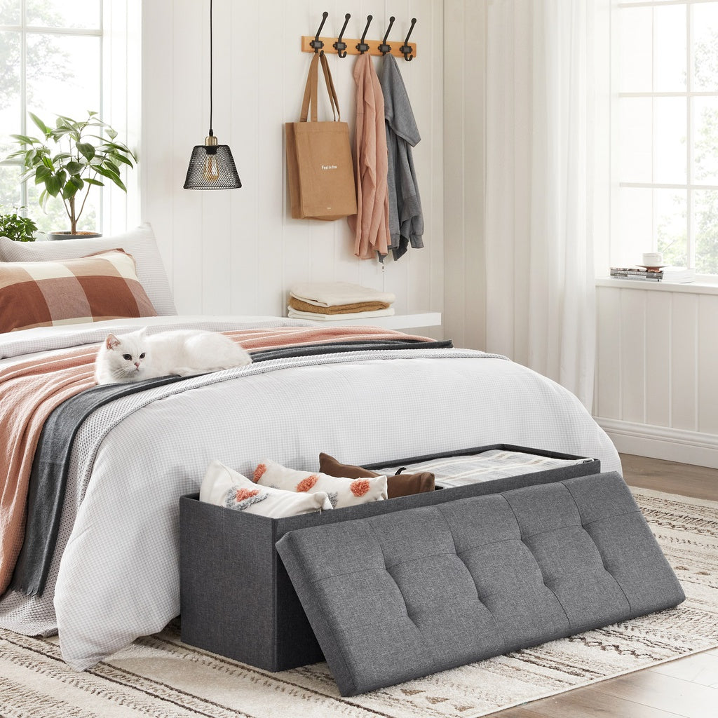 SONGMICS 110cm Folding Storage Ottoman Bench Foot Rest Stool Dark Gray - Cosy Abode