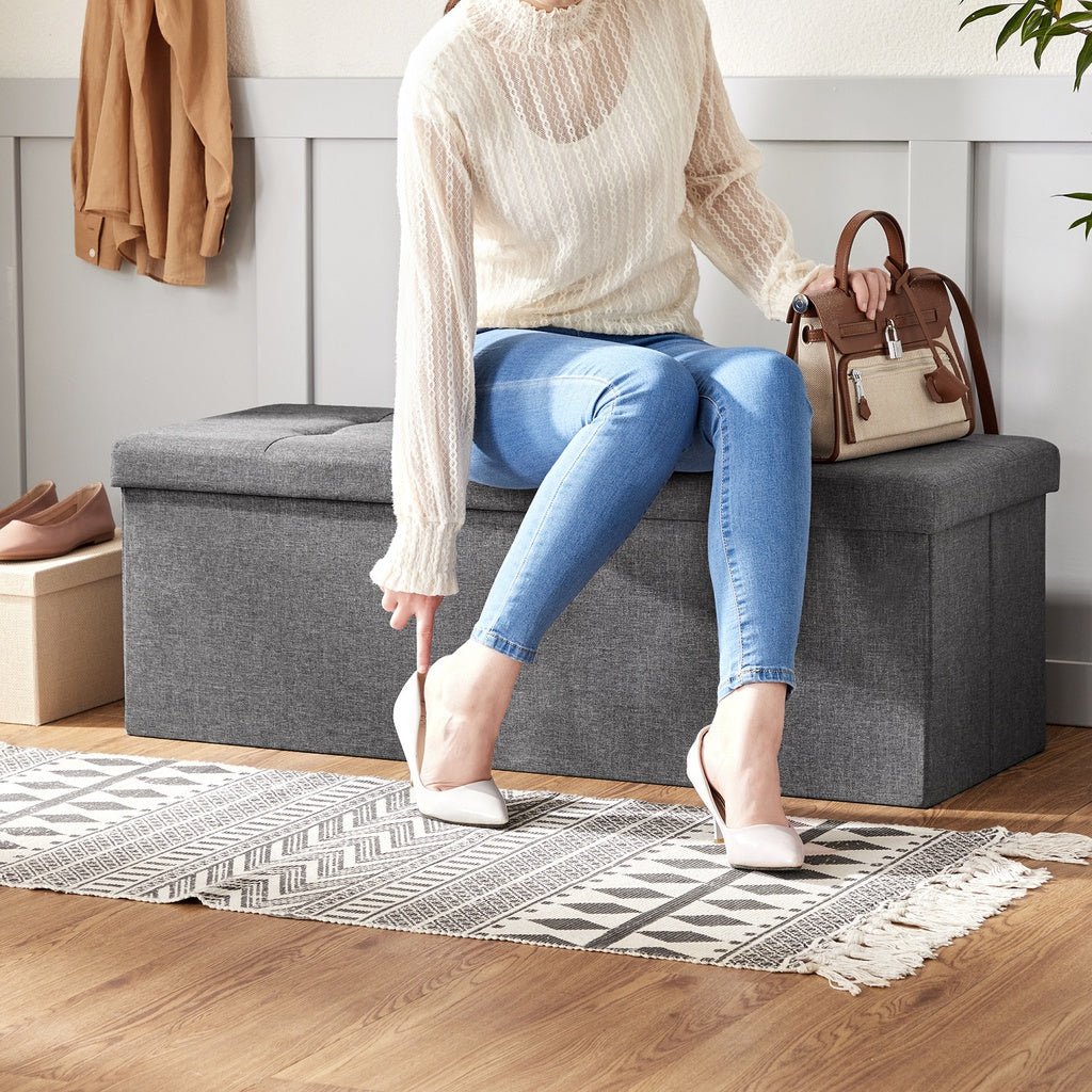 SONGMICS 110cm Folding Storage Ottoman Bench Foot Rest Stool Dark Gray - Cosy Abode