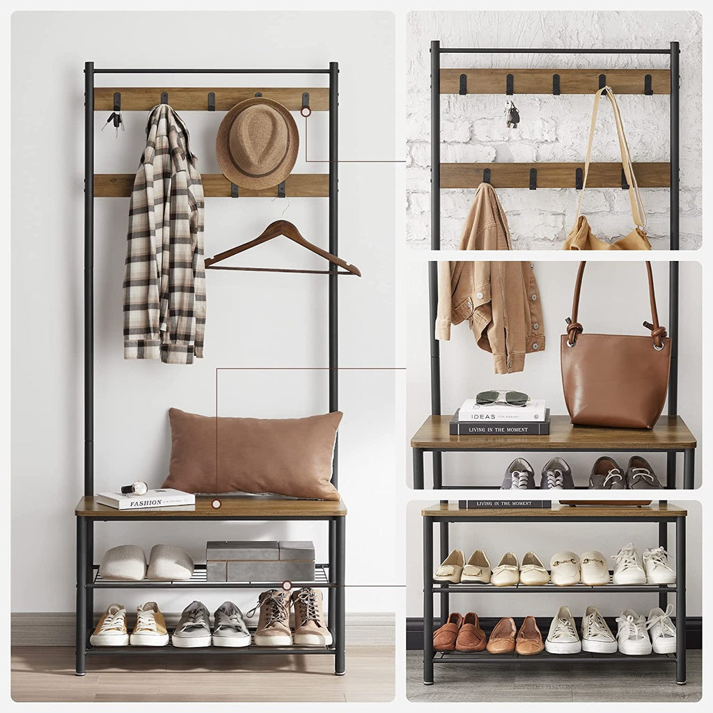 VASAGLE Coat Stand with Shoe Racks Walnut Brown/Black - Cosy Abode
