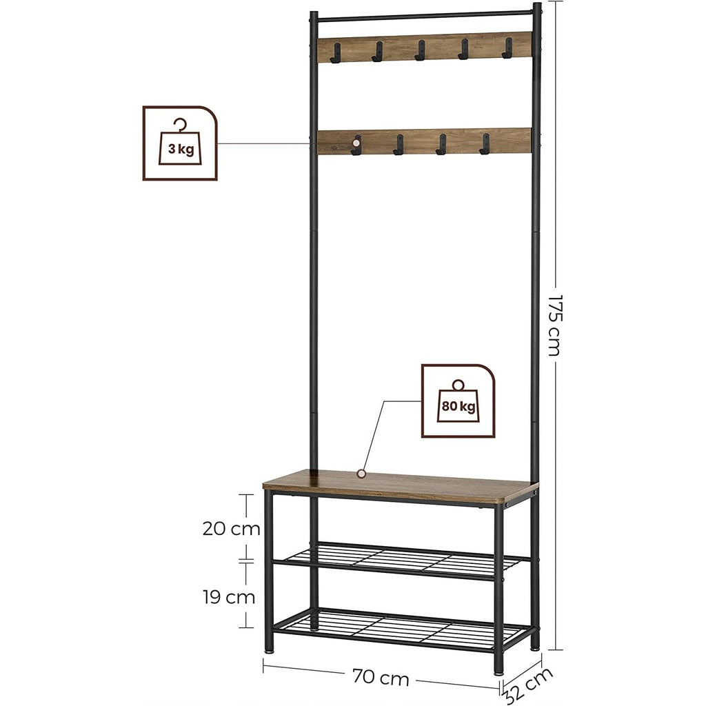 VASAGLE Coat Stand with Shoe Racks Walnut Brown/Black - Cosy Abode