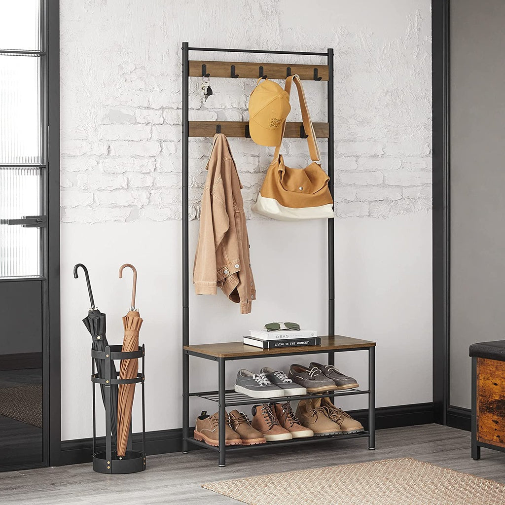 VASAGLE Coat Stand with Shoe Racks Walnut Brown/Black - Cosy Abode