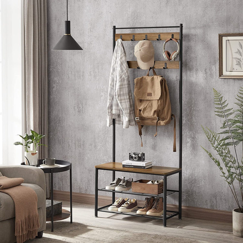 VASAGLE Coat Stand with Shoe Racks Walnut Brown/Black - Cosy Abode