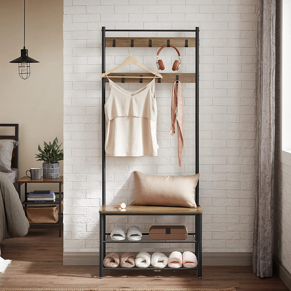 VASAGLE Coat Stand with Shoe Racks Walnut Brown/Black - Cosy Abode