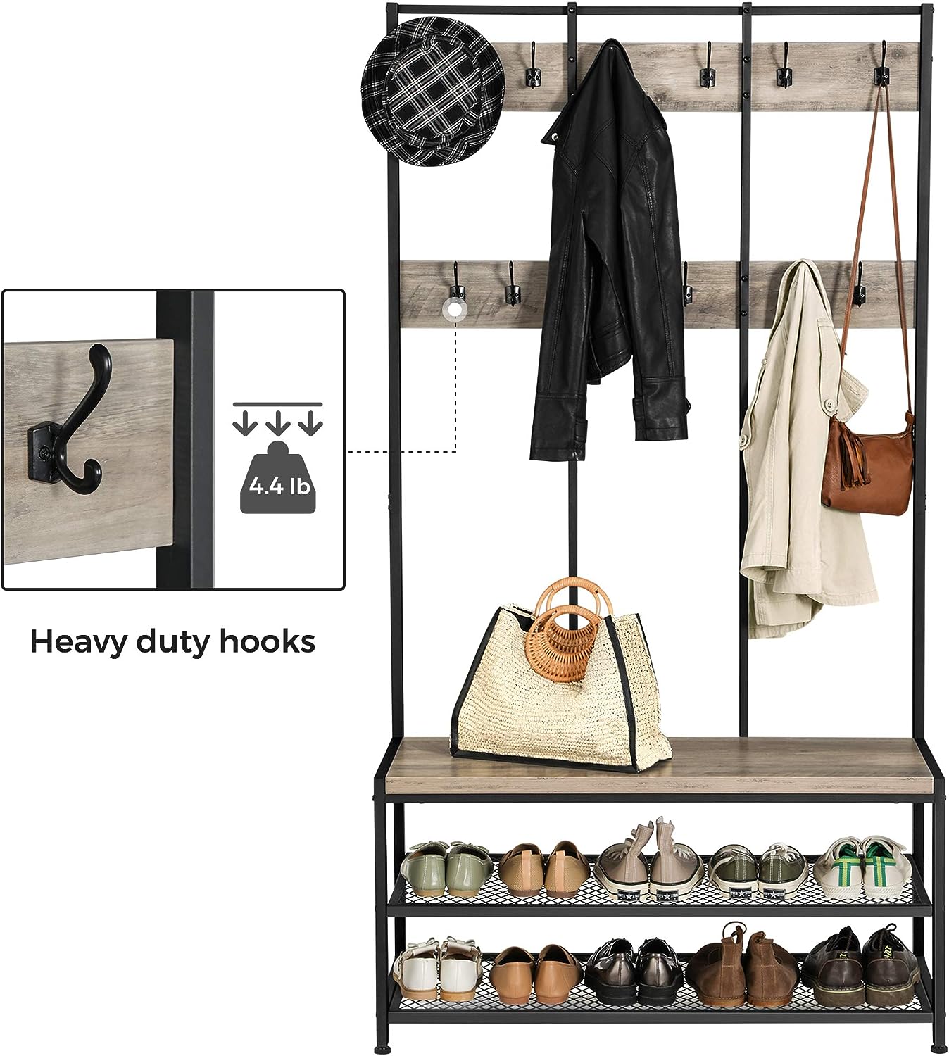 VASAGLE Large Coat Rack Stand with 12 Hooks and Shoe Bench Greige and Black - Cosy Abode