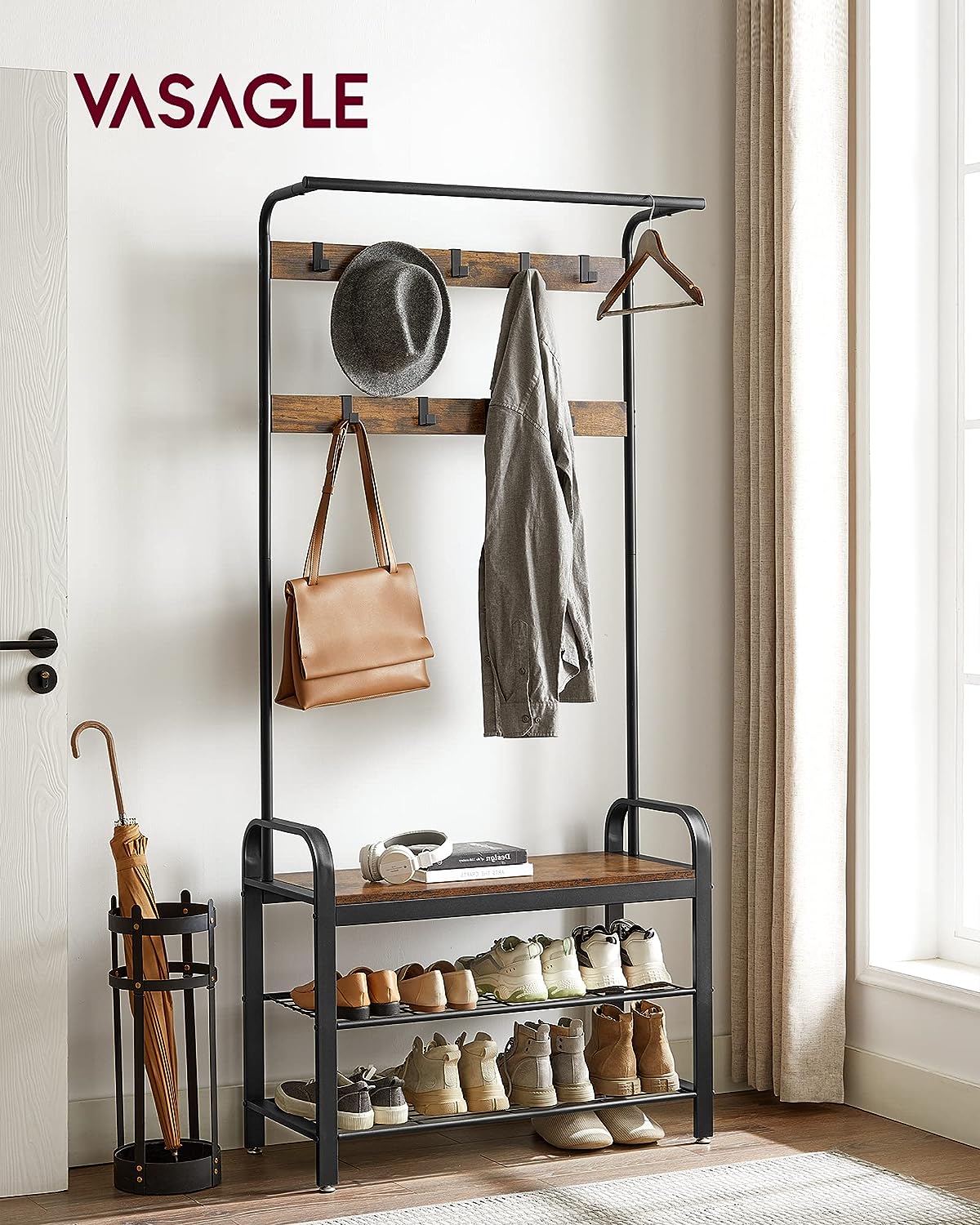 VASAGLE 4-in-1 Coat Rack with Shoe Bench and 9 Removable Hooks Rustic Brown and Black - Cosy Abode