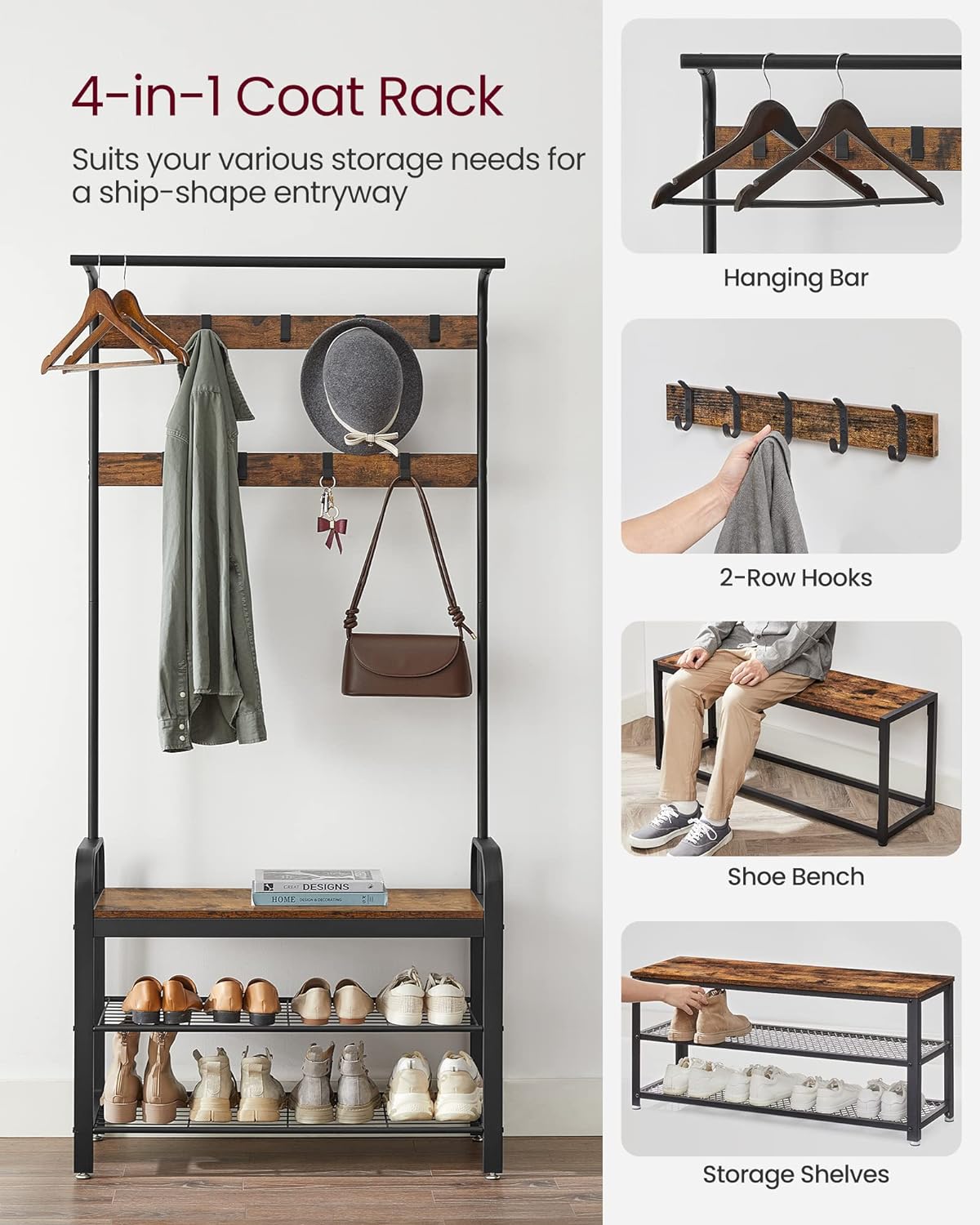 VASAGLE 4-in-1 Coat Rack with Shoe Bench and 9 Removable Hooks Rustic Brown and Black - Cosy Abode
