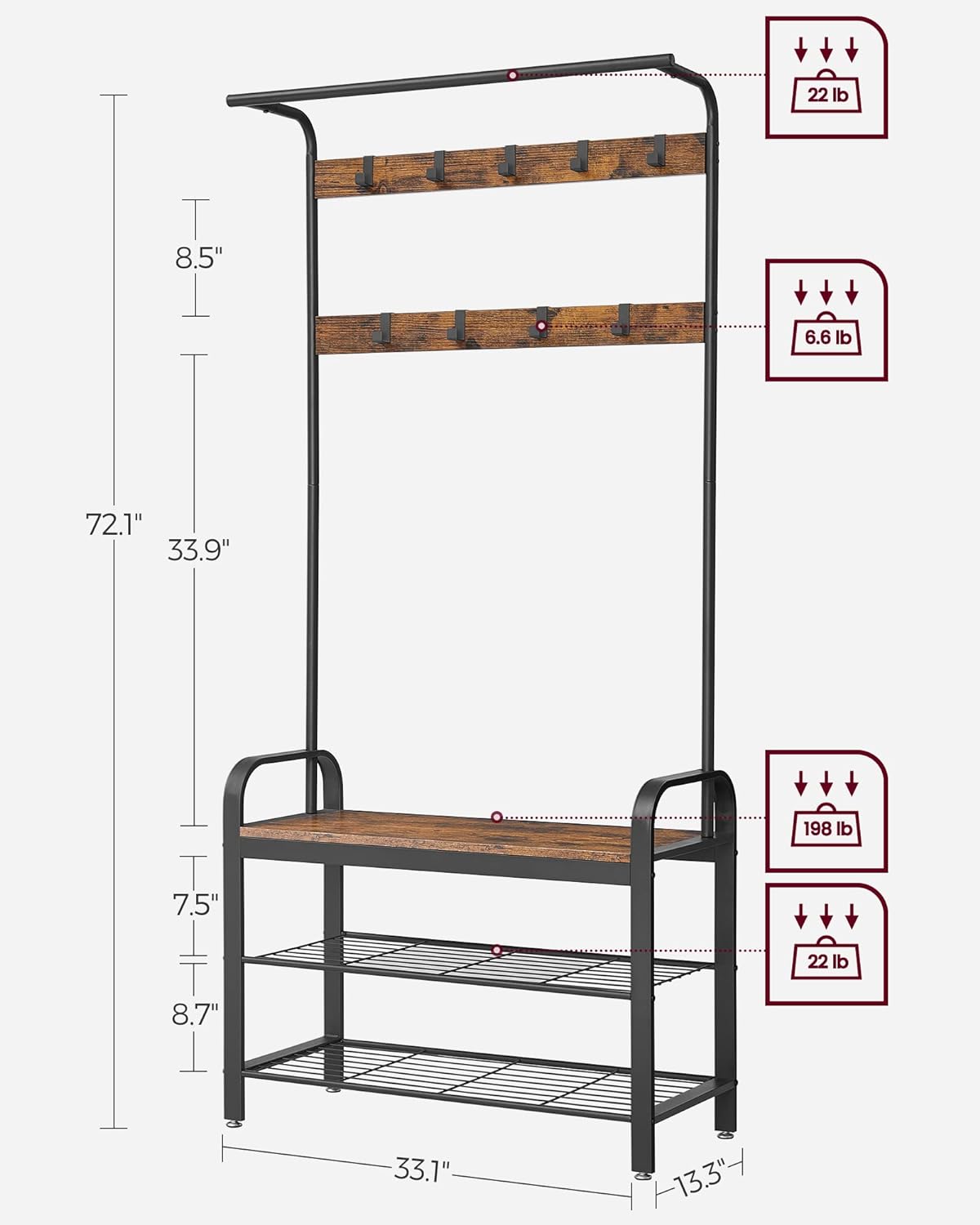 VASAGLE 4-in-1 Coat Rack with Shoe Bench and 9 Removable Hooks Rustic Brown and Black - Cosy Abode