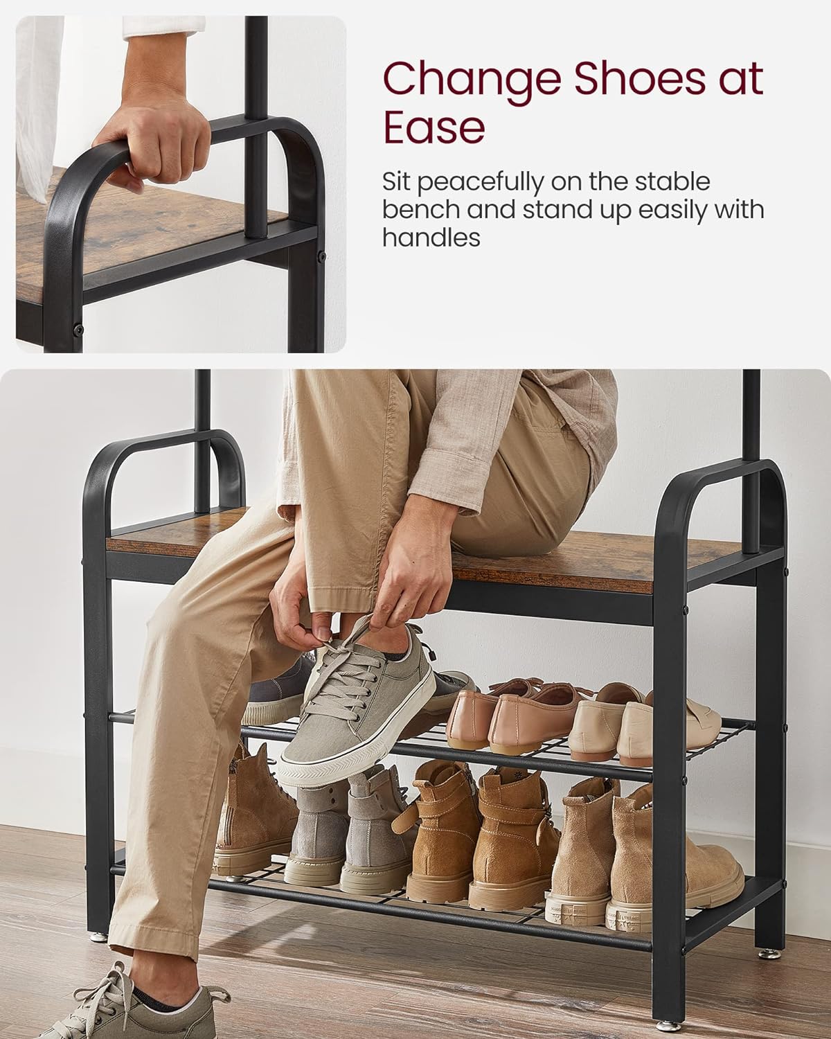 VASAGLE 4-in-1 Coat Rack with Shoe Bench and 9 Removable Hooks Rustic Brown and Black - Cosy Abode