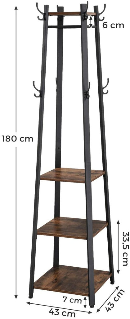 VASAGLE Coat Rack Stand with 3 Shelves Rustic Brown and Black - Cosy Abode