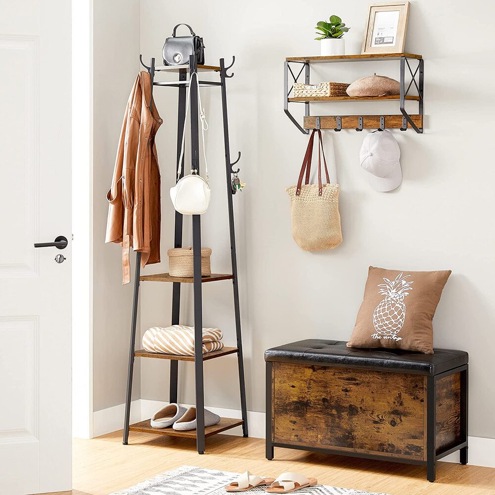 VASAGLE Coat Rack Stand with 3 Shelves Rustic Brown and Black - Cosy Abode