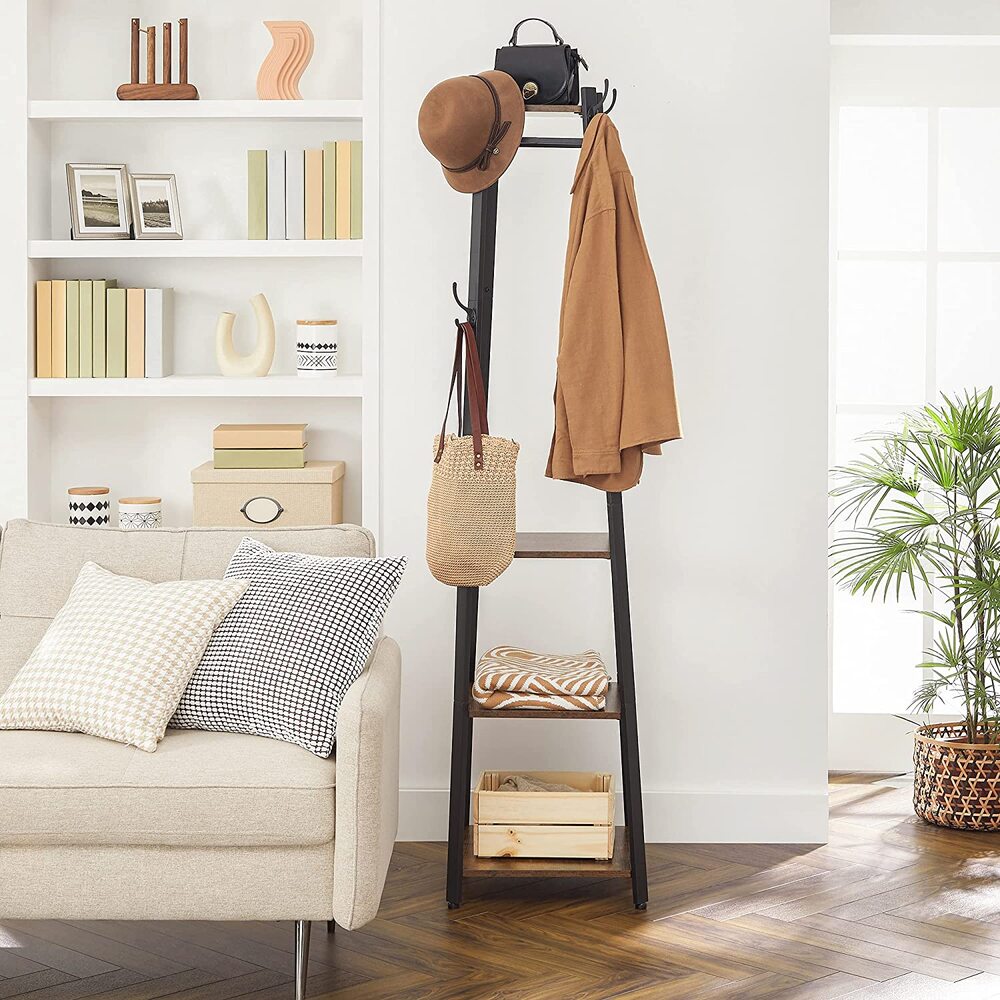 VASAGLE Coat Rack Stand with 3 Shelves Rustic Brown and Black - Cosy Abode
