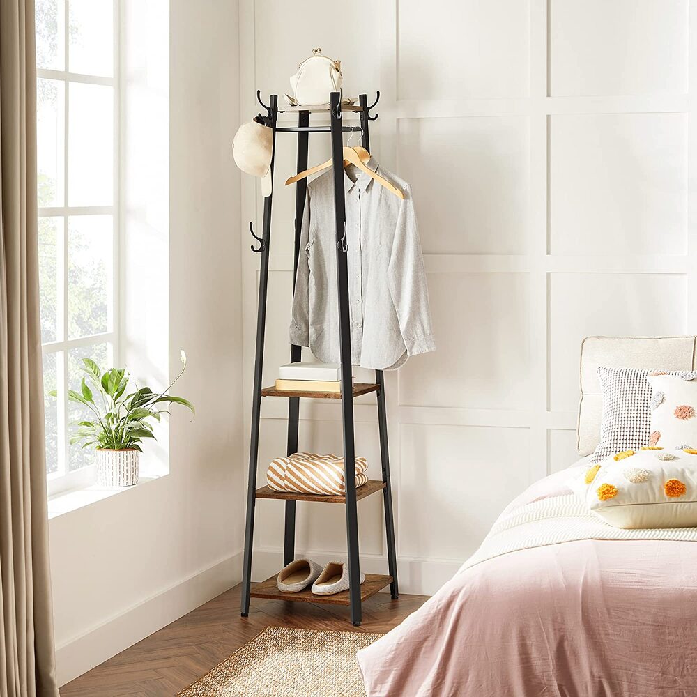 VASAGLE Coat Rack Stand with 3 Shelves Rustic Brown and Black - Cosy Abode