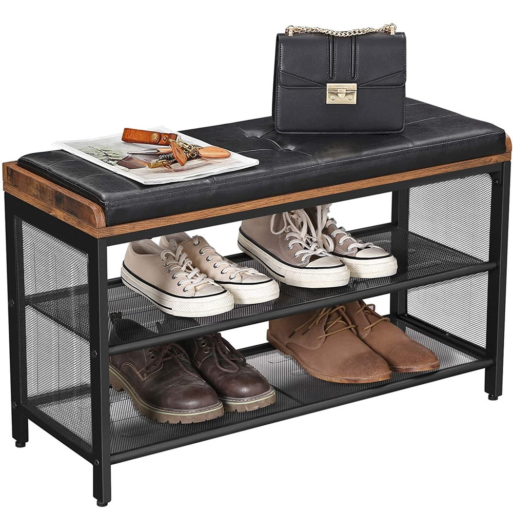 VASAGLE Shoe Bench Padded Bench with Mesh Shelf Shoe Rack Brown Black - Cosy Abode