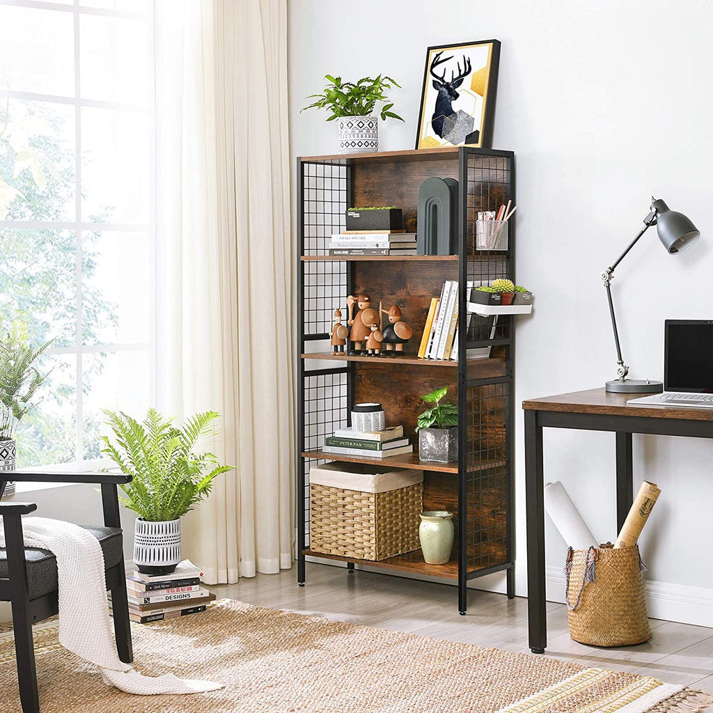 VASAGLE 4 Tiers Bookcase Office Storage Shelf Rustic Brown and Black - Cosy Abode