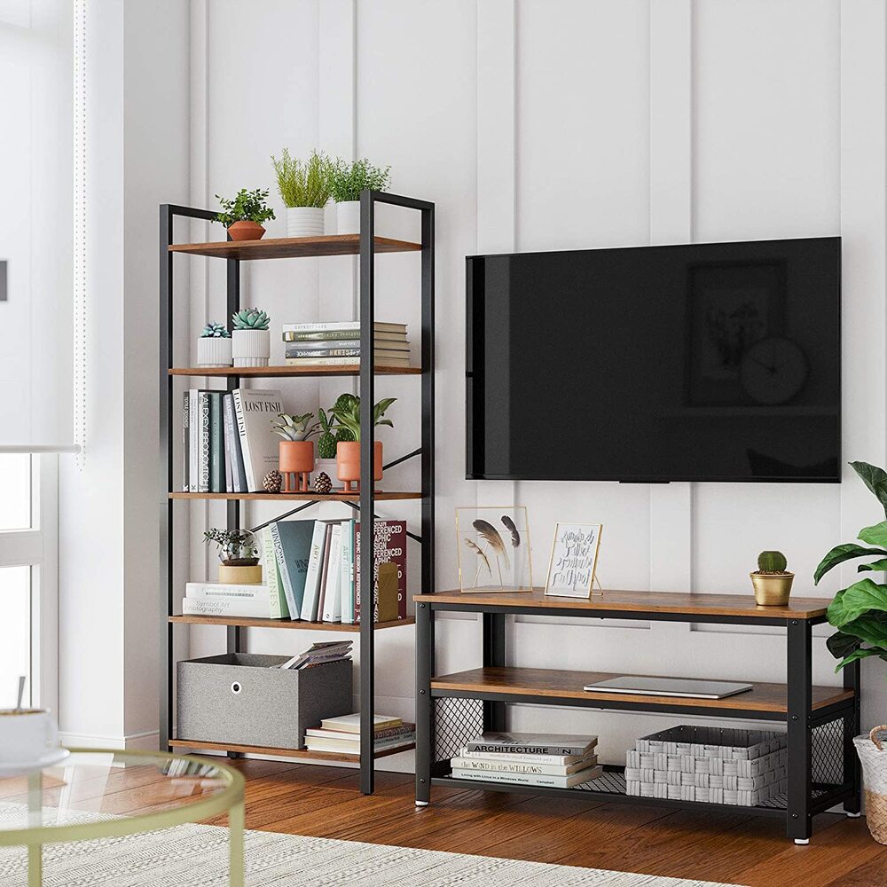VASAGLE 5-Tier Storage Rack Bookshelf with Steel Frame Rustic Brown and Black - Cosy Abode
