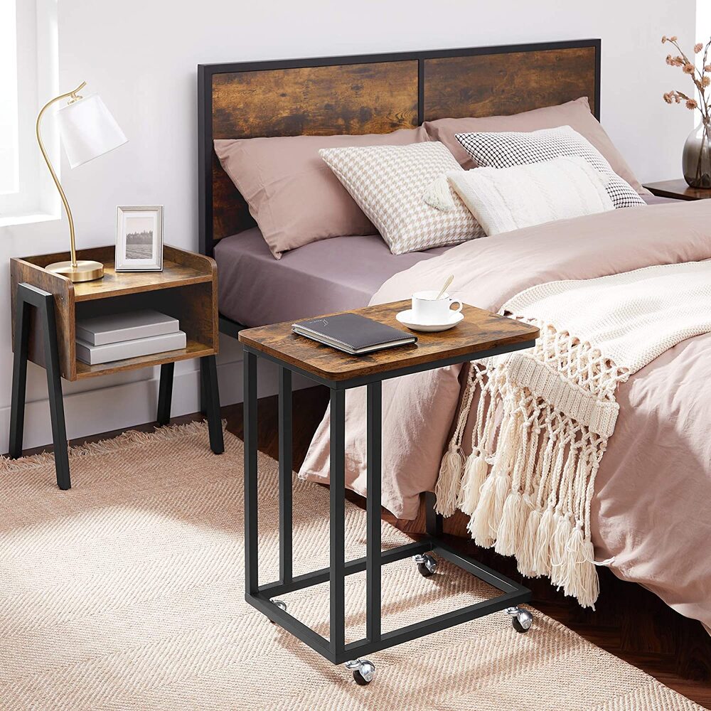 VASAGLE End Table Side Table Coffee Table with Steel Frame and Castors Rustic Brown and Black - Cosy Abode