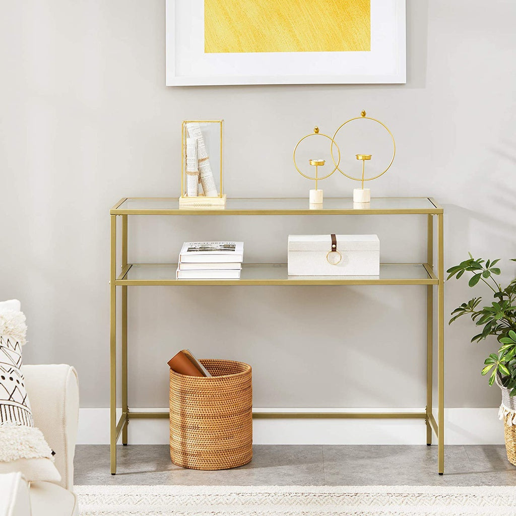 VASAGLE Console Table with Tempered Glass Gold Colour - Cosy Abode