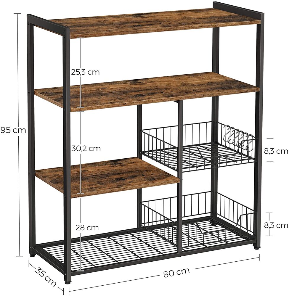VASAGLE Baker's Rack Kitchen Island with 2 Metal Mesh Baskets Shelves and Hooks Industrial Style Rustic Brown - Cosy Abode