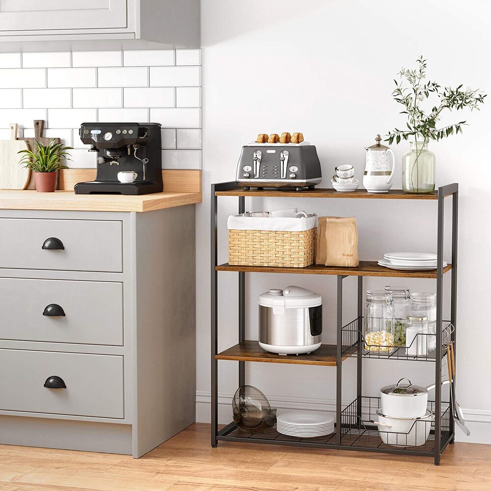 VASAGLE Baker's Rack Kitchen Island with 2 Metal Mesh Baskets Shelves and Hooks Industrial Style Rustic Brown - Cosy Abode