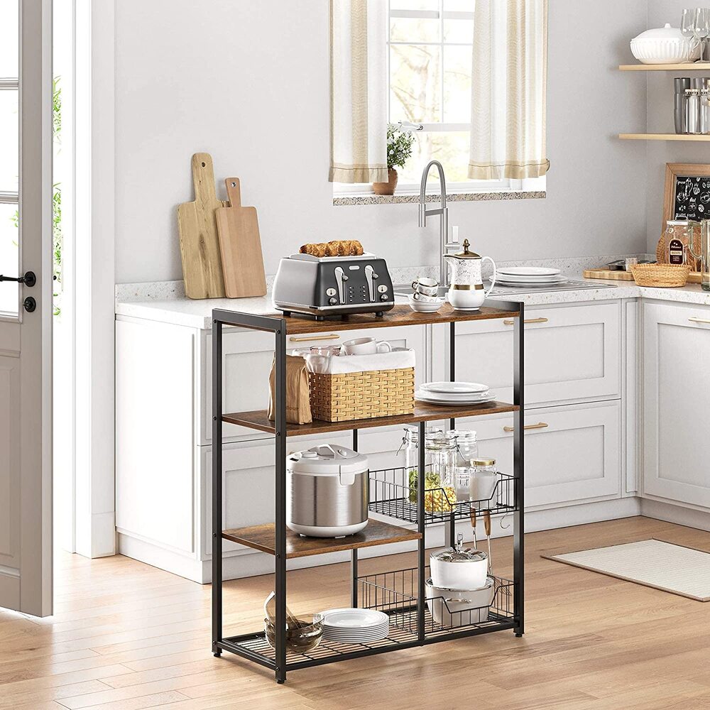 VASAGLE Baker's Rack Kitchen Island with 2 Metal Mesh Baskets Shelves and Hooks Industrial Style Rustic Brown - Cosy Abode
