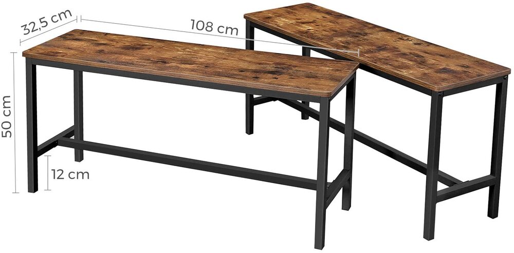 VASAGLE Table Benches Set of 2 Industrial Style Indoor Benches Durable Metal Frame for Kitchen Dining Room Living Room Rustic Brown - Cosy Abode