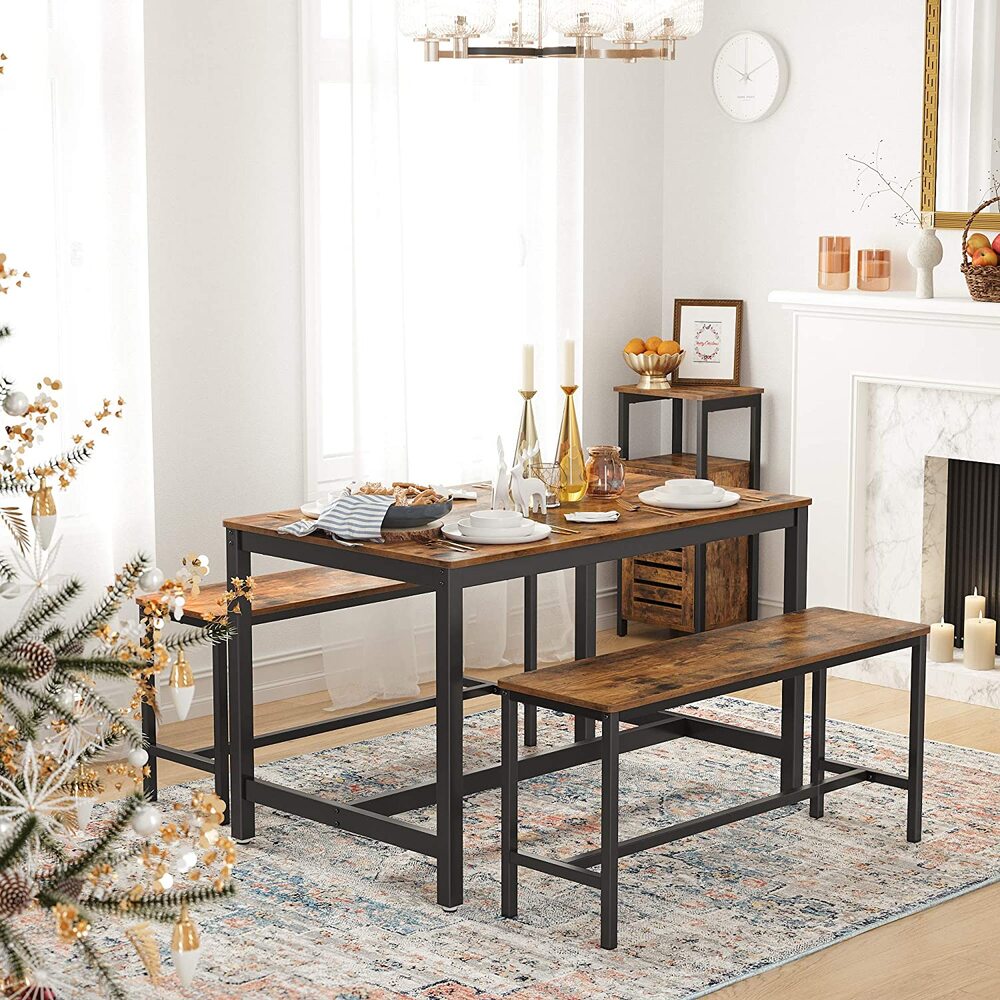 VASAGLE Table Benches Set of 2 Industrial Style Indoor Benches Durable Metal Frame for Kitchen Dining Room Living Room Rustic Brown - Cosy Abode