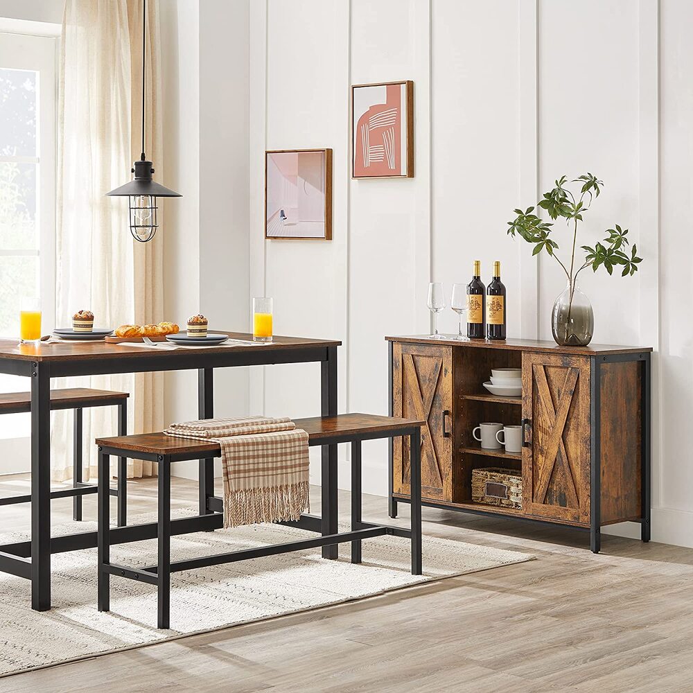VASAGLE Table Benches Set of 2 Industrial Style Indoor Benches Durable Metal Frame for Kitchen Dining Room Living Room Rustic Brown - Cosy Abode