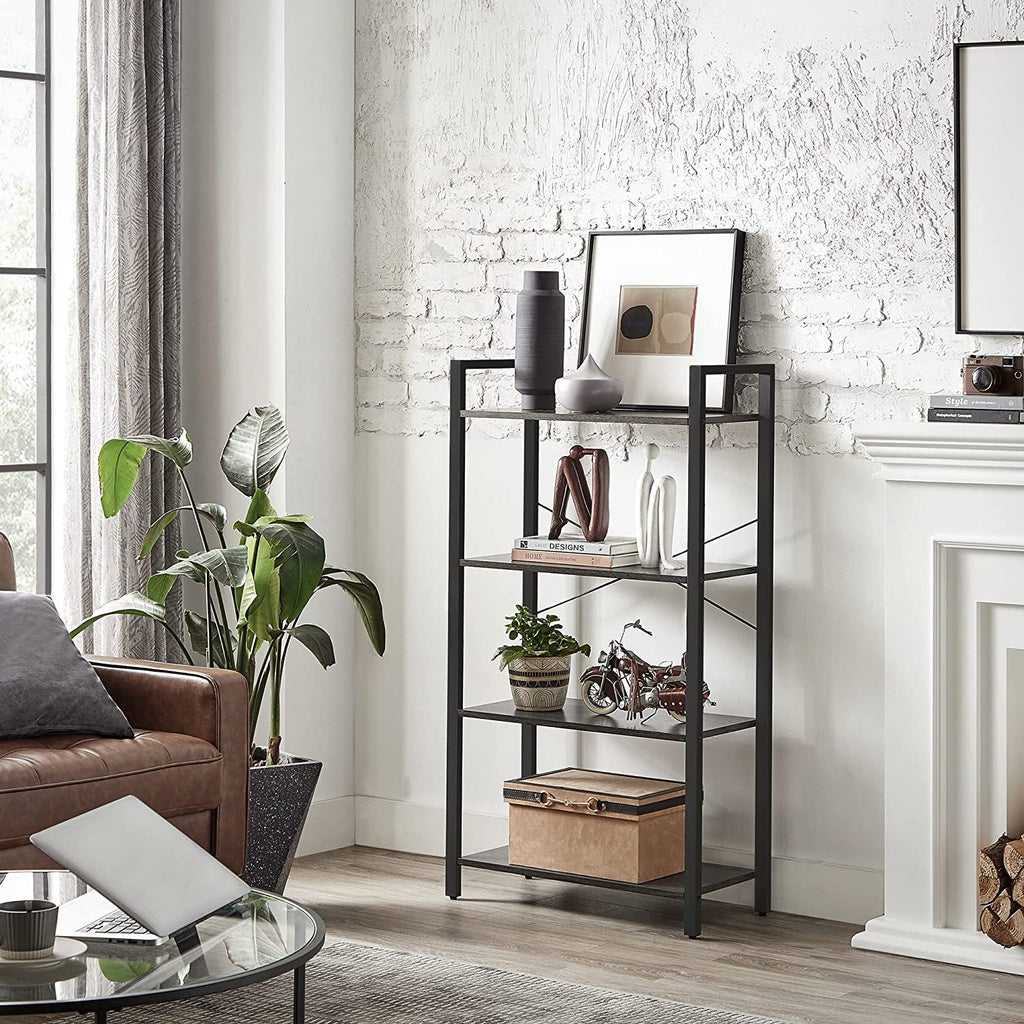 VASAGLE 4-Tier Bookshelf Storage Rack with Steel Frame- Charcoal Grey and Black - Cosy Abode