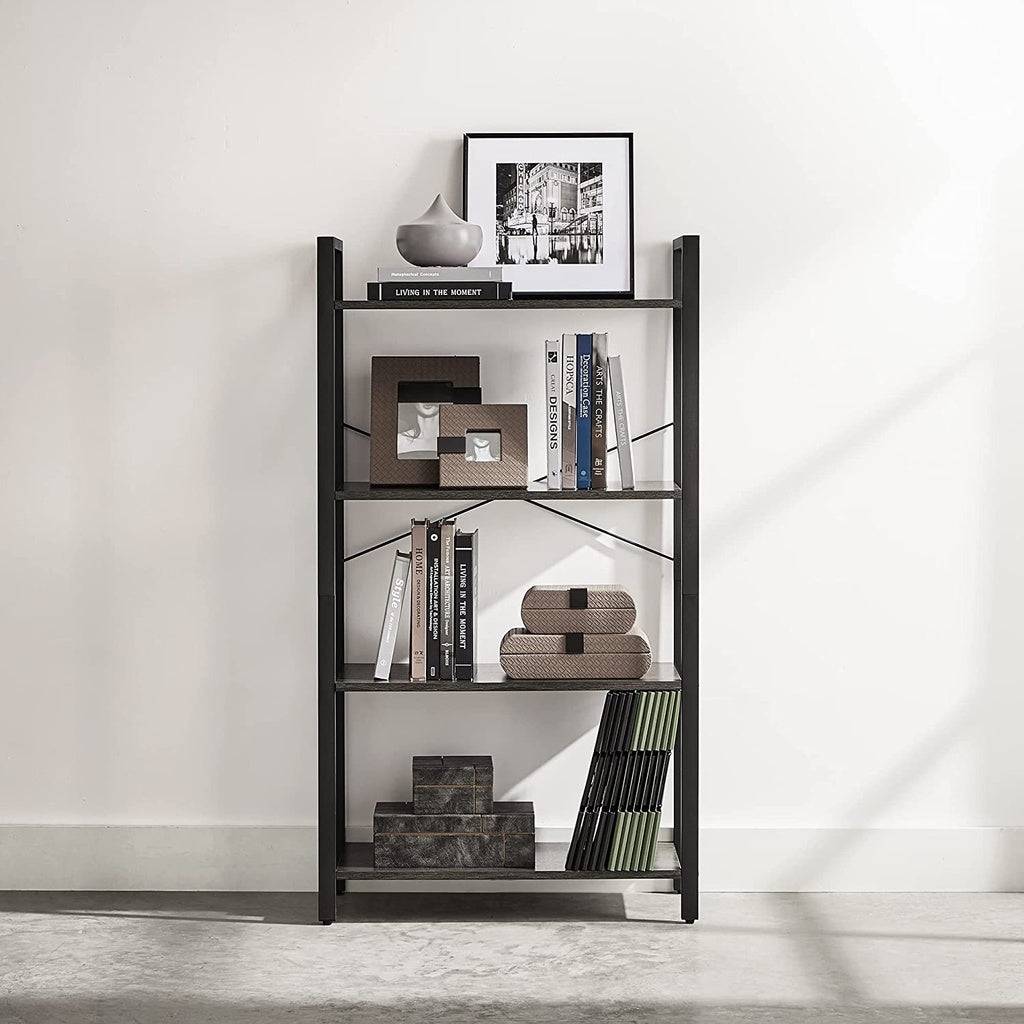 VASAGLE 4-Tier Bookshelf Storage Rack with Steel Frame- Charcoal Grey and Black - Cosy Abode