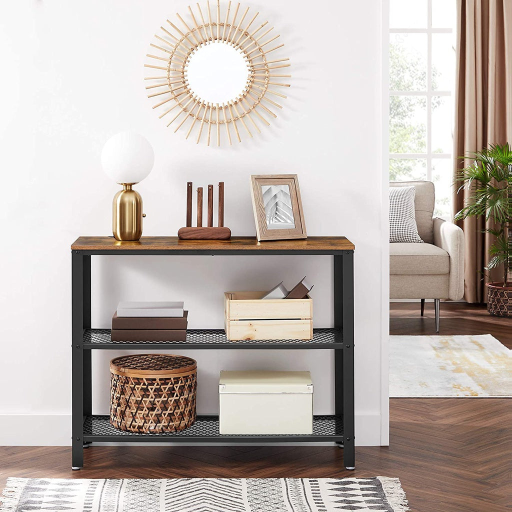 VASAGLE Console Table with 2 Mesh Shelves Rustic Brown and Black - Cosy Abode