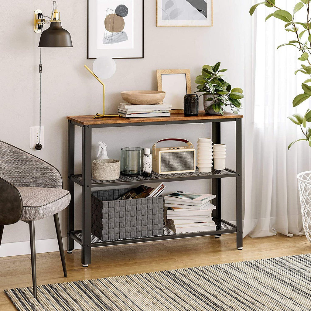 VASAGLE Console Table with 2 Mesh Shelves Rustic Brown and Black - Cosy Abode