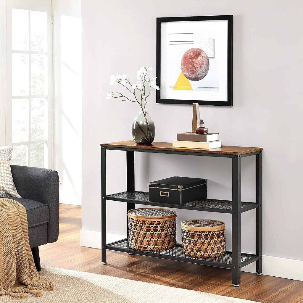 VASAGLE Console Table with 2 Mesh Shelves Rustic Brown and Black - Cosy Abode