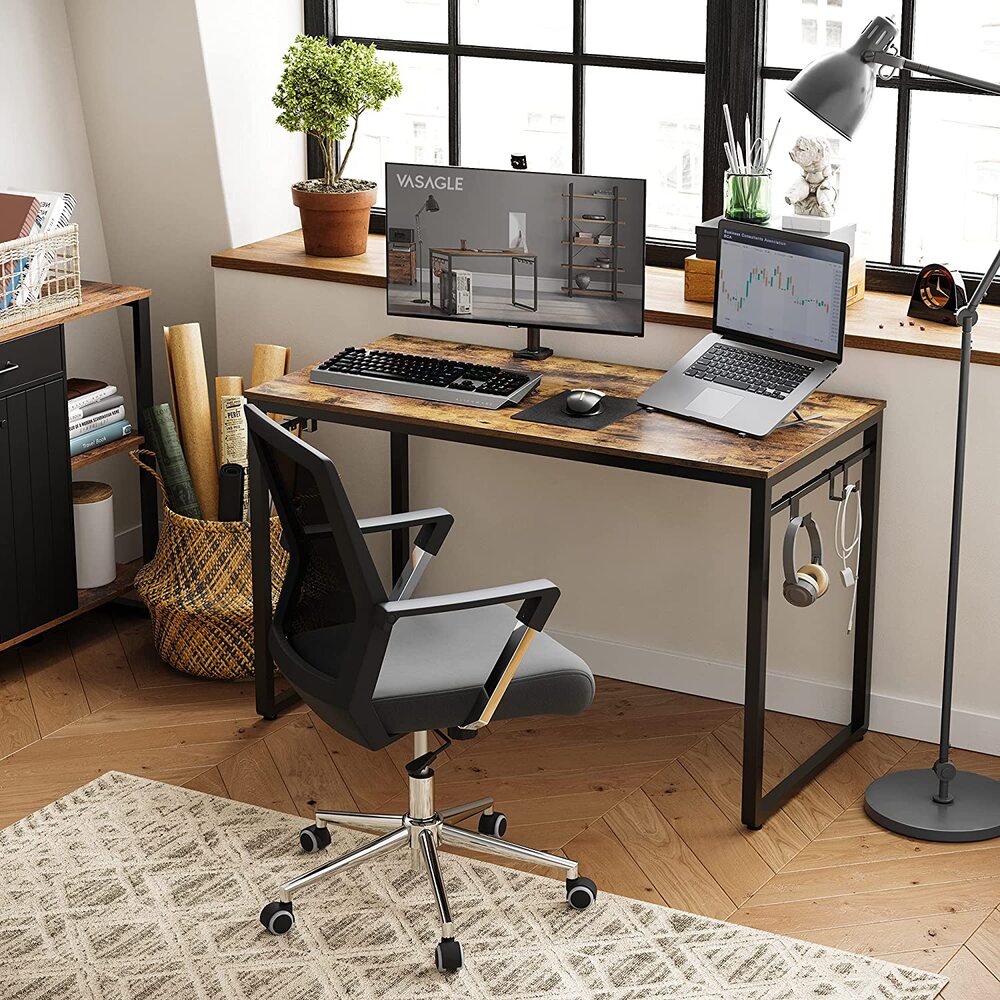 VASAGLE Computer Desk Writing Desk with 8 Hooks Rustic Brown and Black - Cosy Abode