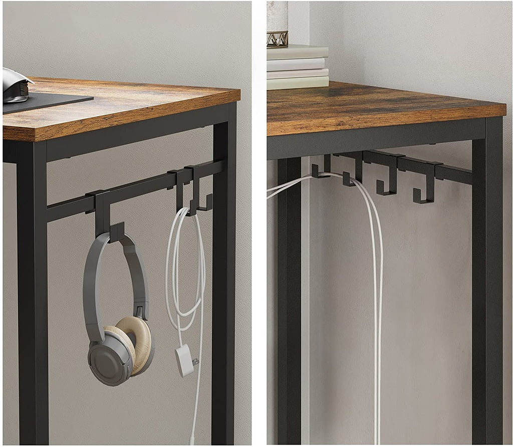 VASAGLE Computer Desk Writing Desk with 8 Hooks Rustic Brown and Black - Cosy Abode