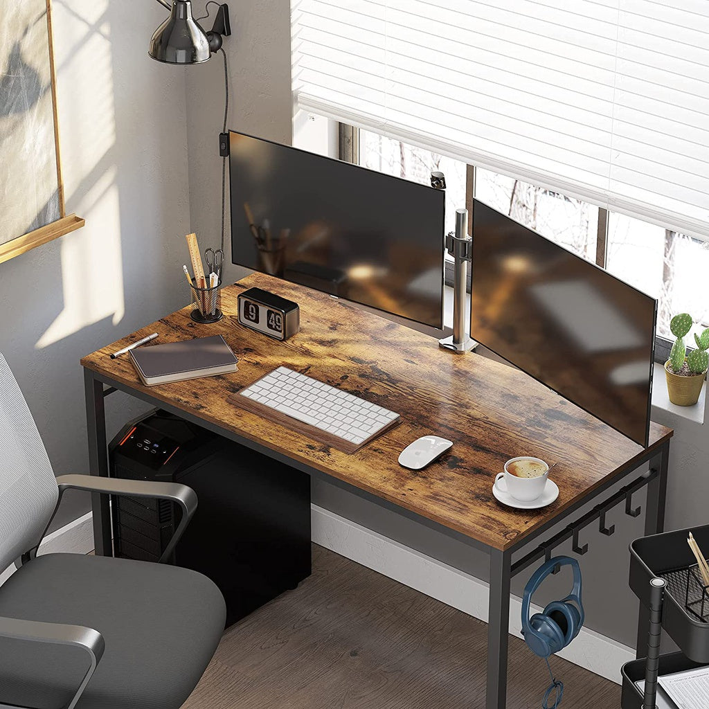 VASAGLE Computer Desk Writing Desk with 8 Hooks Rustic Brown and Black - Cosy Abode