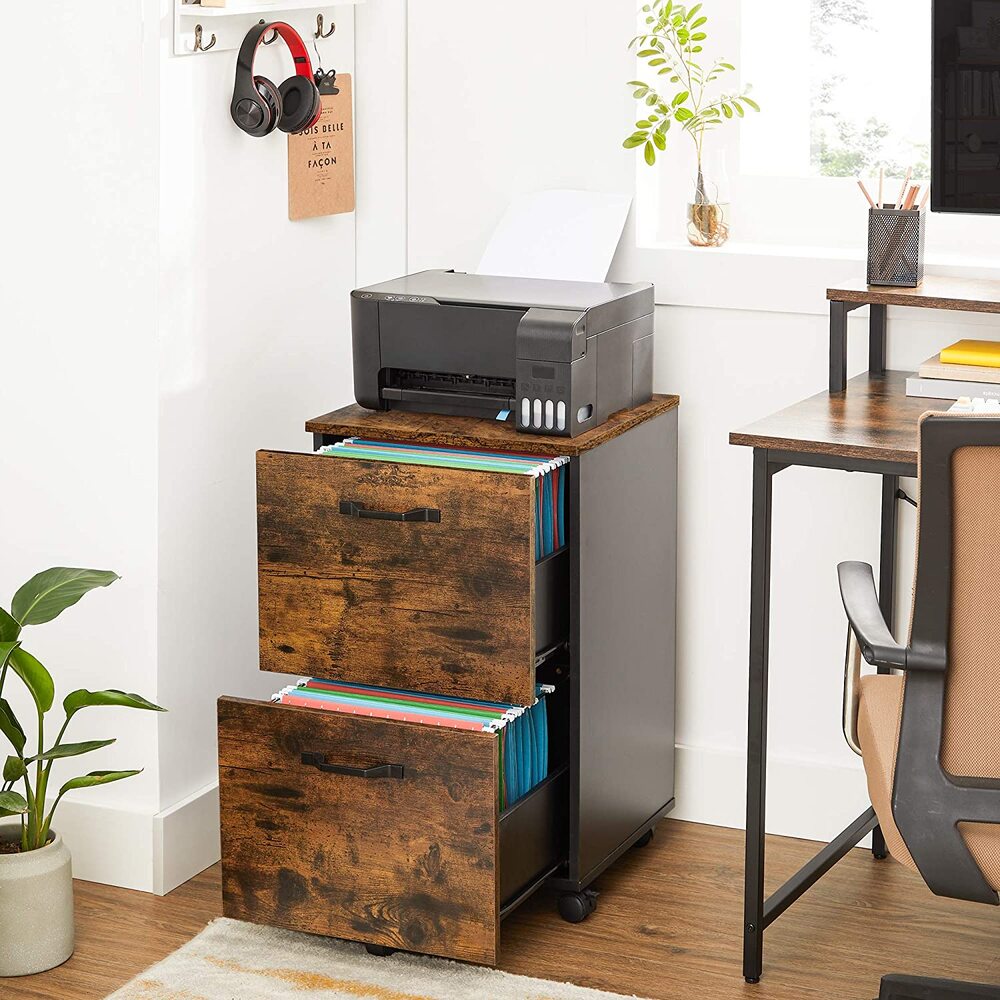 VASAGLE File Cabinet with 2 Drawers Rolling Office Filing Cabinet with Wheels Rustic Brown and Black - Cosy Abode