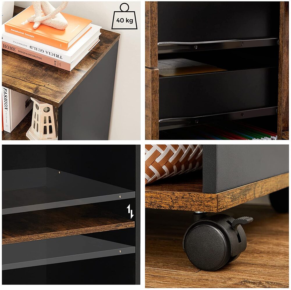 VASAGLE File Cabinet with 3 Drawer Mobile Lateral Filing Cabinet with Open Compartments Rustic Brown and Black - Cosy Abode