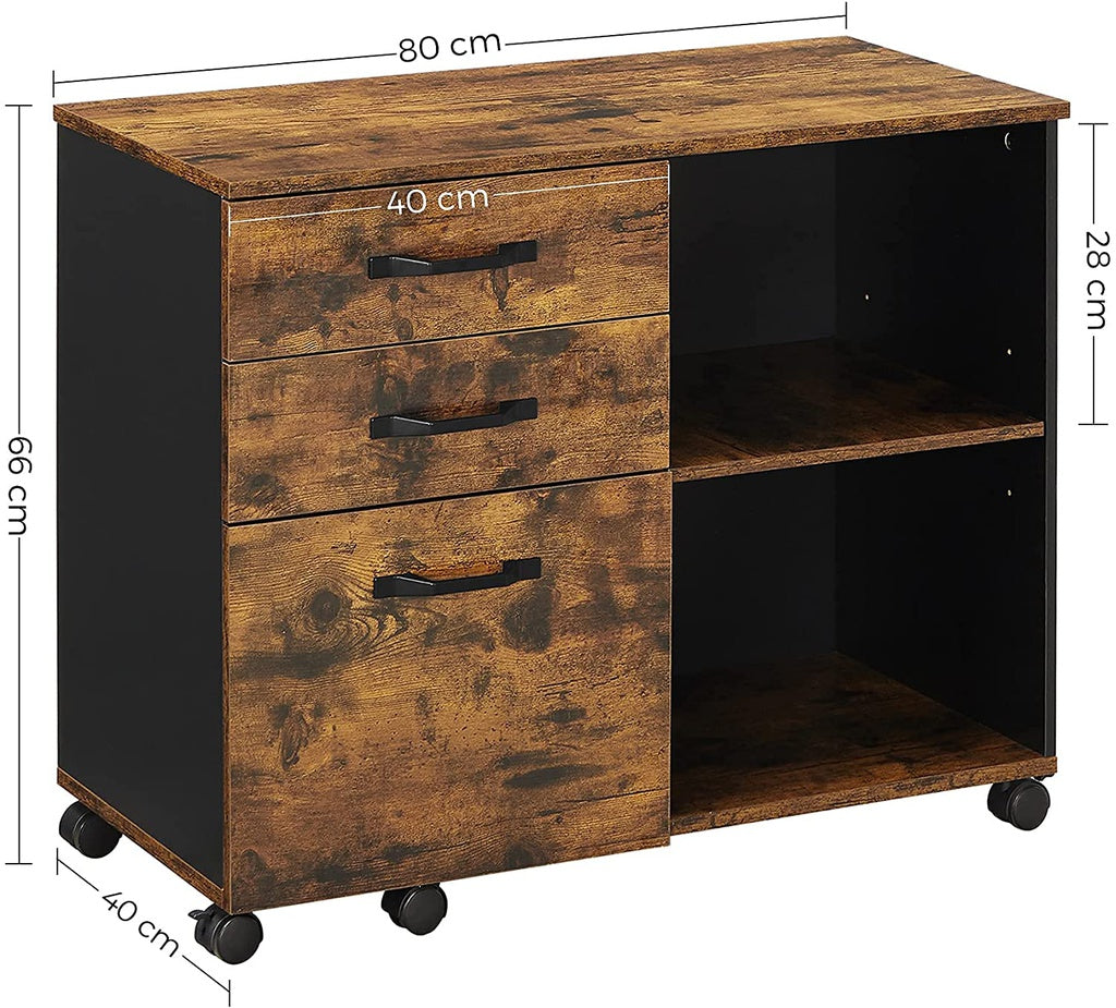 VASAGLE File Cabinet with 3 Drawer Mobile Lateral Filing Cabinet with Open Compartments Rustic Brown and Black - Cosy Abode