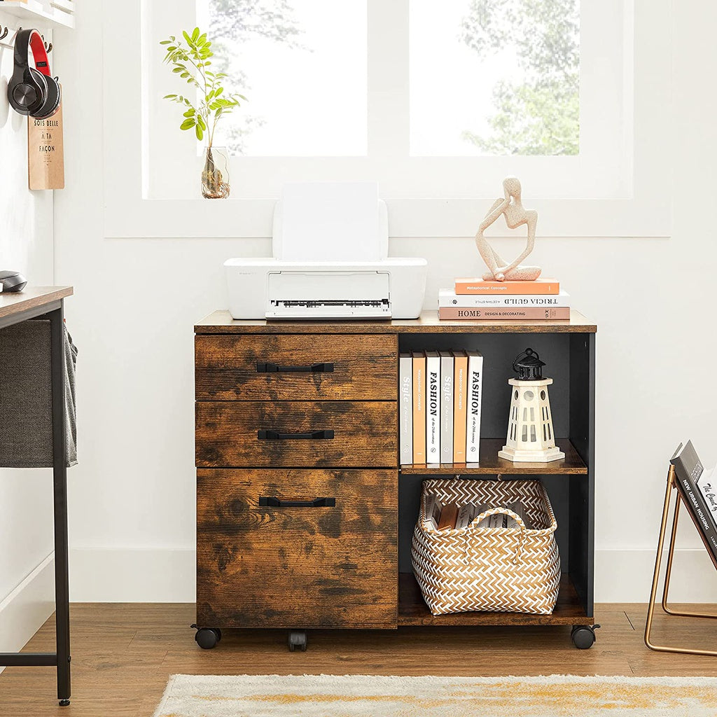 VASAGLE File Cabinet with 3 Drawer Mobile Lateral Filing Cabinet with Open Compartments Rustic Brown and Black - Cosy Abode