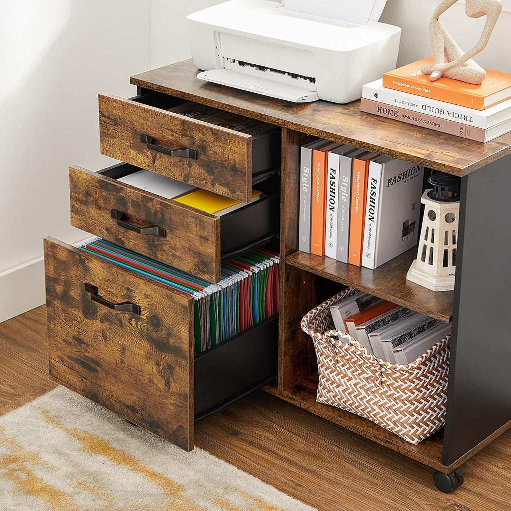 VASAGLE File Cabinet with 3 Drawer Mobile Lateral Filing Cabinet with Open Compartments Rustic Brown and Black - Cosy Abode