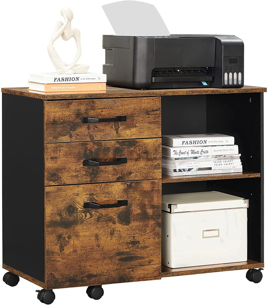 VASAGLE File Cabinet with 3 Drawer Mobile Lateral Filing Cabinet with Open Compartments Rustic Brown and Black - Cosy Abode