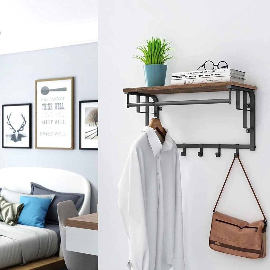VASAGLE Coat Rack Wall-Mounted Rustic Brown and Black - Cosy Abode