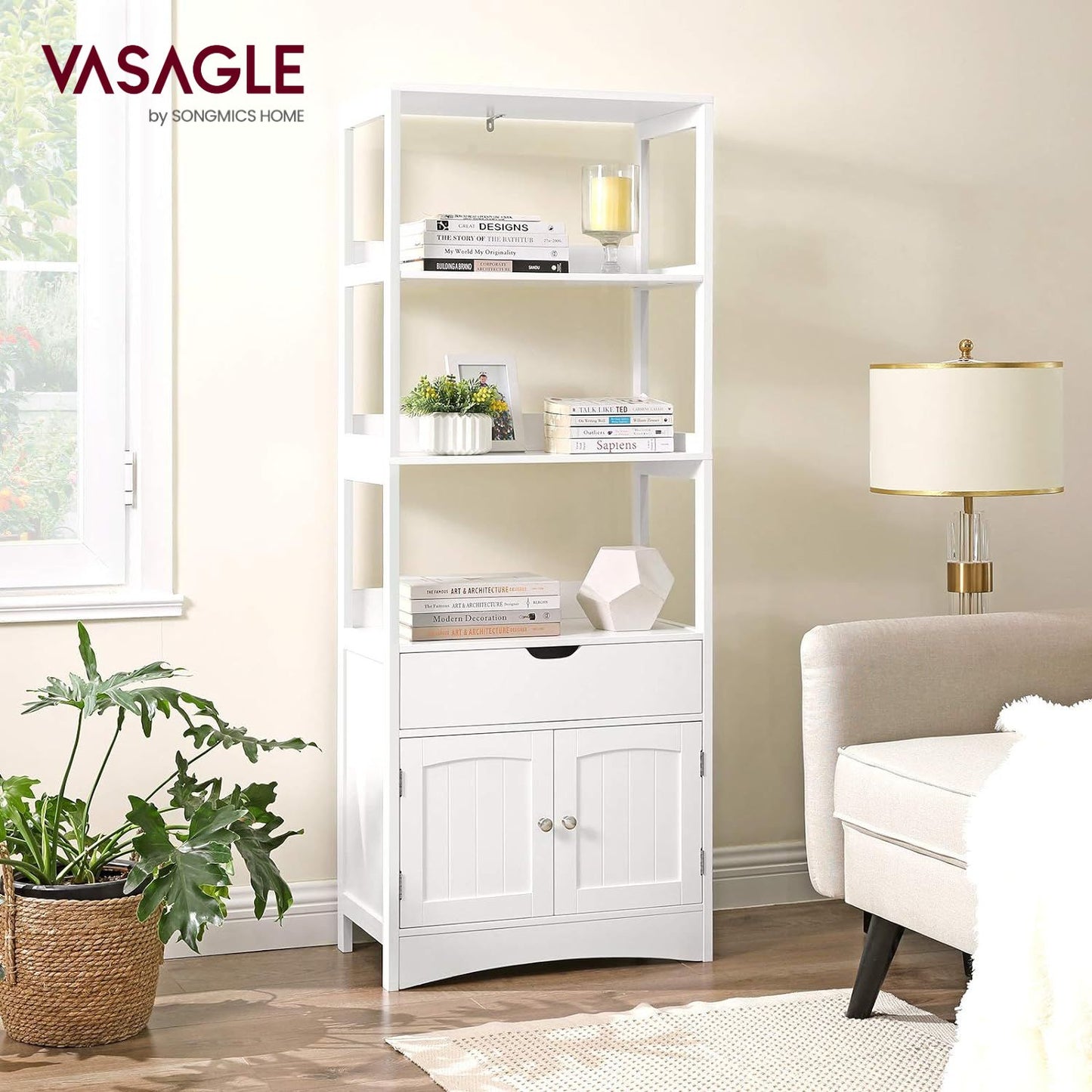 VASAGLE Floor Cabinet with Drawer 3 Open Shelves and Double Doors White - Cosy Abode