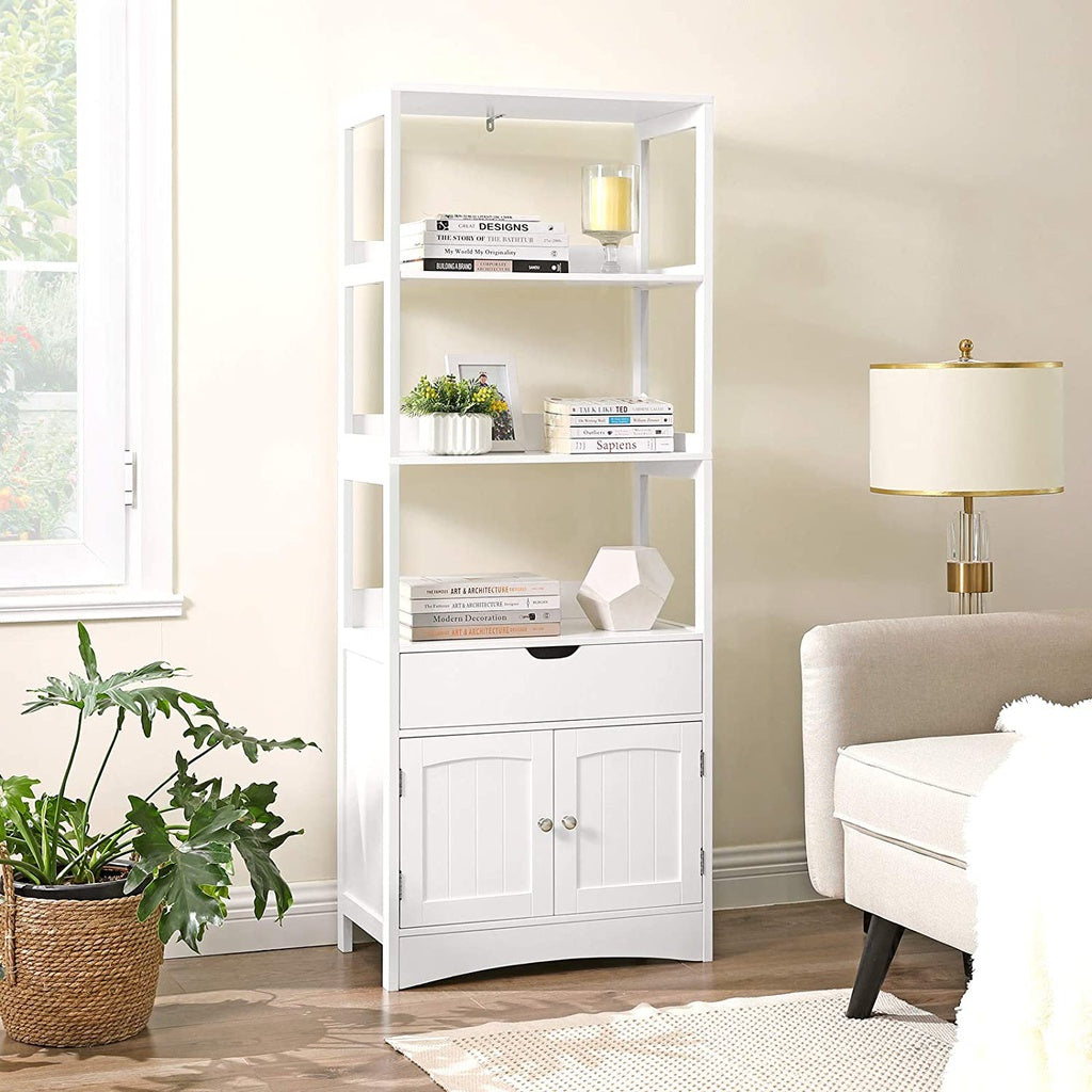 VASAGLE Floor Cabinet with Drawer 3 Open Shelves and Double Doors White - Cosy Abode