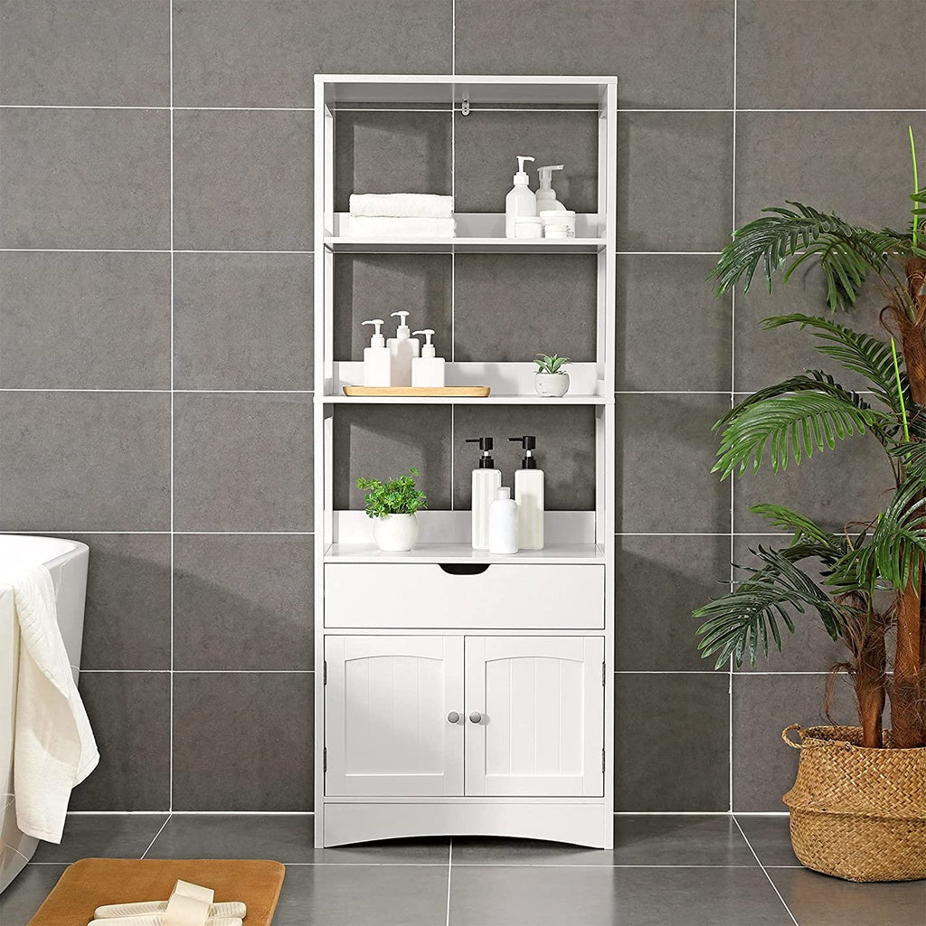 VASAGLE Floor Cabinet with Drawer 3 Open Shelves and Double Doors White - Cosy Abode